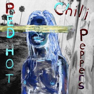 Front cover of Red Hot Chili Peppers album which includes their name in red and blue text along an image of a woman with colour inverted blue and her eyes covered by a bar of yellow across the width of the image.